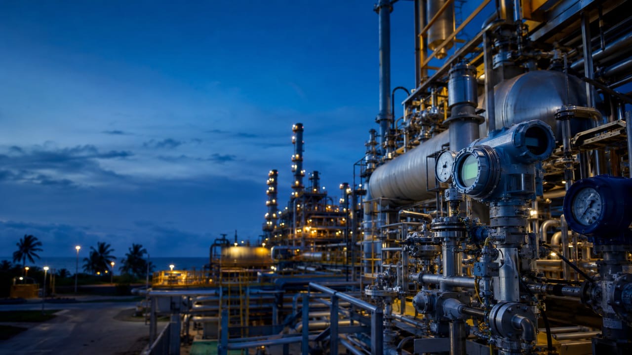 Gas processing plant and pipework illuminated at dusk